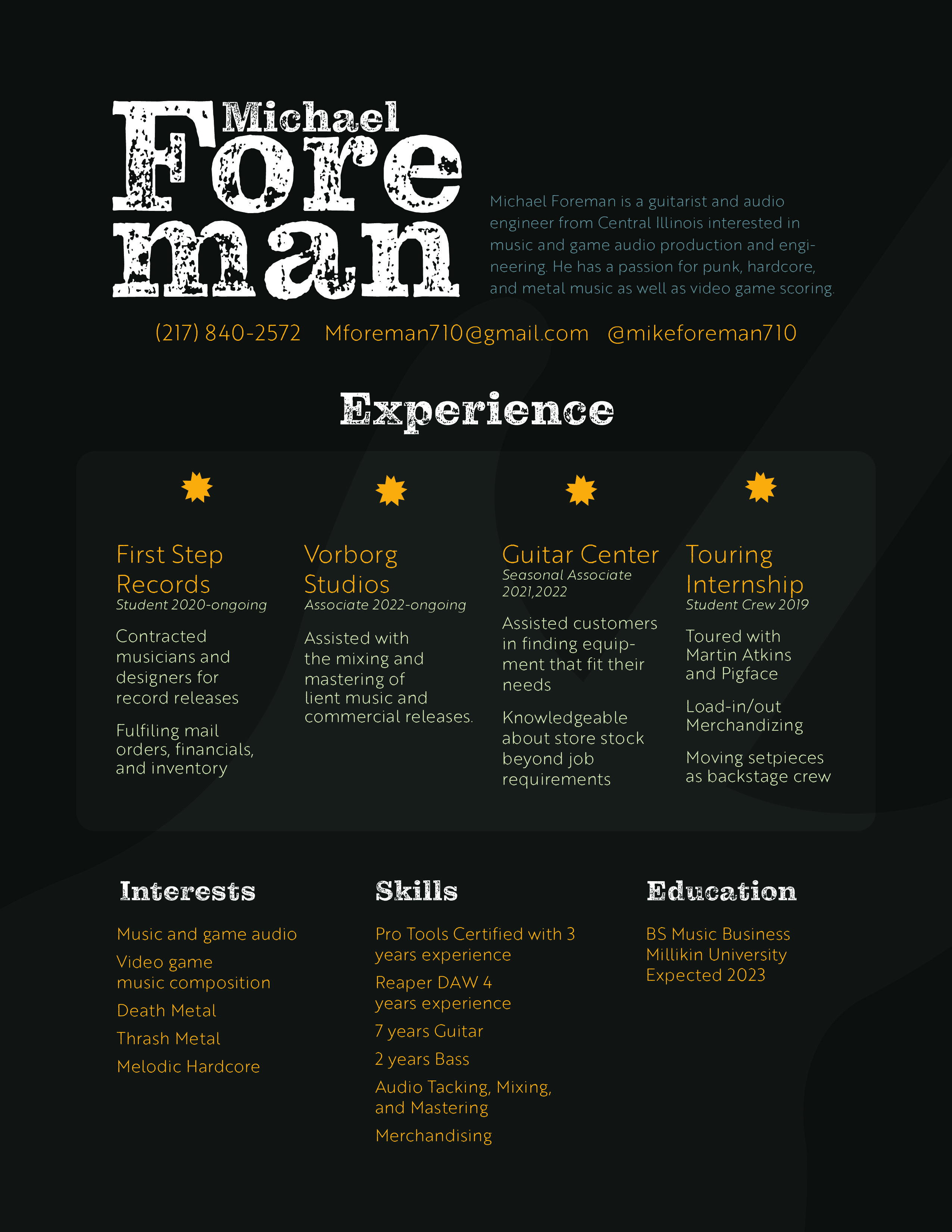 Resume Design for an audio engineer/musician based in East Central Illinois.